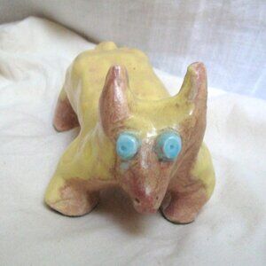 Primitive Brutalist Ceramic Yellow Critter Sculpture Blue Bug-eyed Weirdo